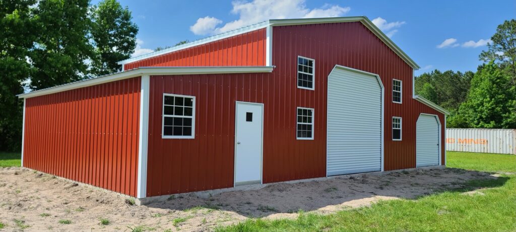 A fully customized red metal barn
