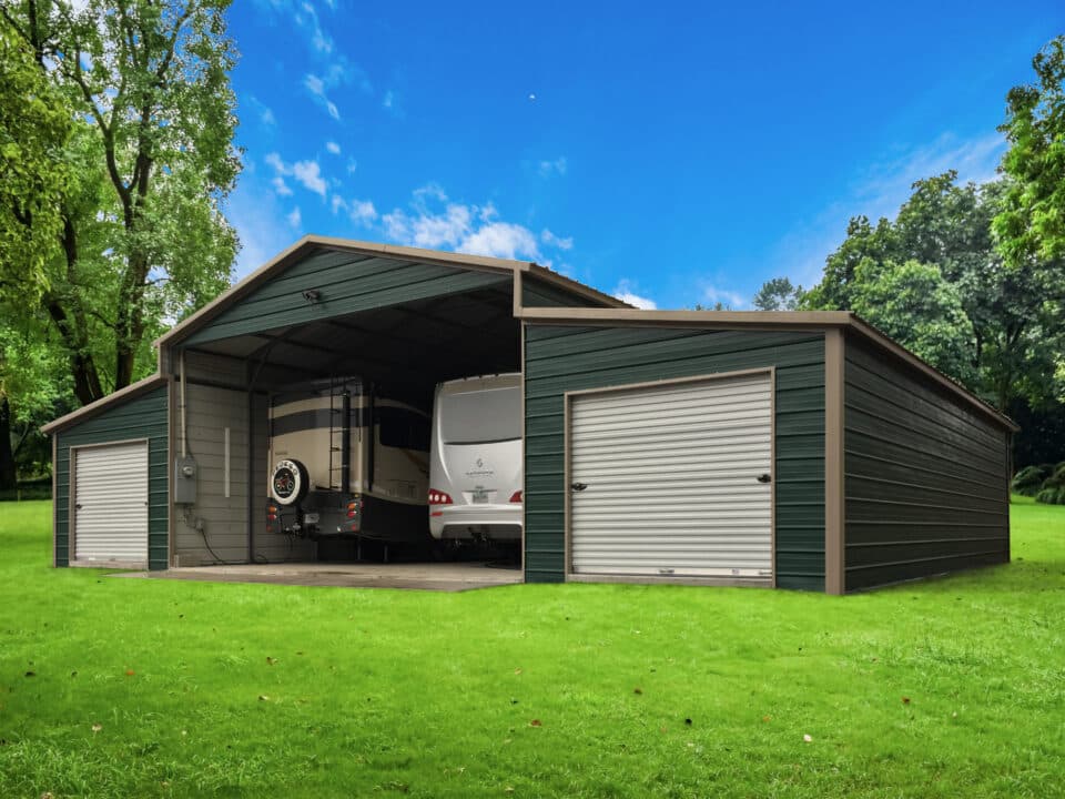 Large metal barn with 2 roll-up doors